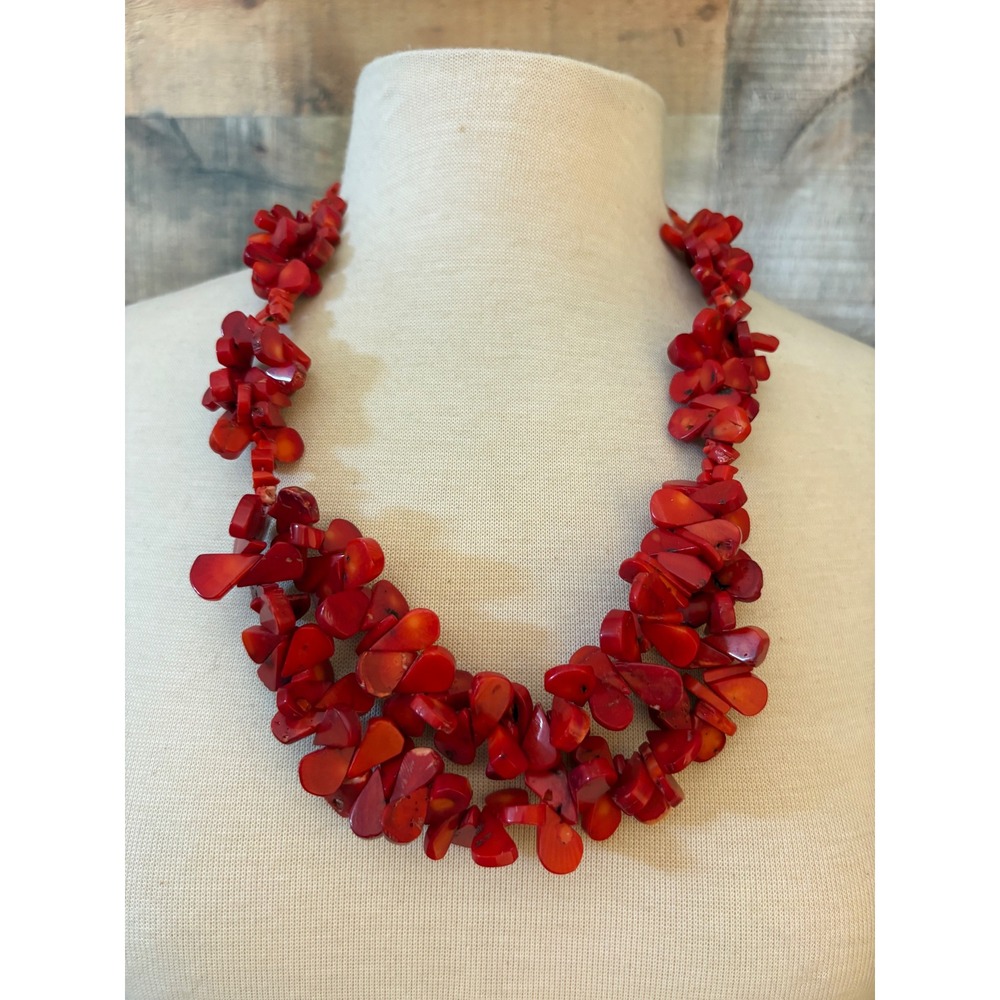 Red Coral Chip Necklace Chunky Multi Strand Bib Statement Silver Tone Clasp